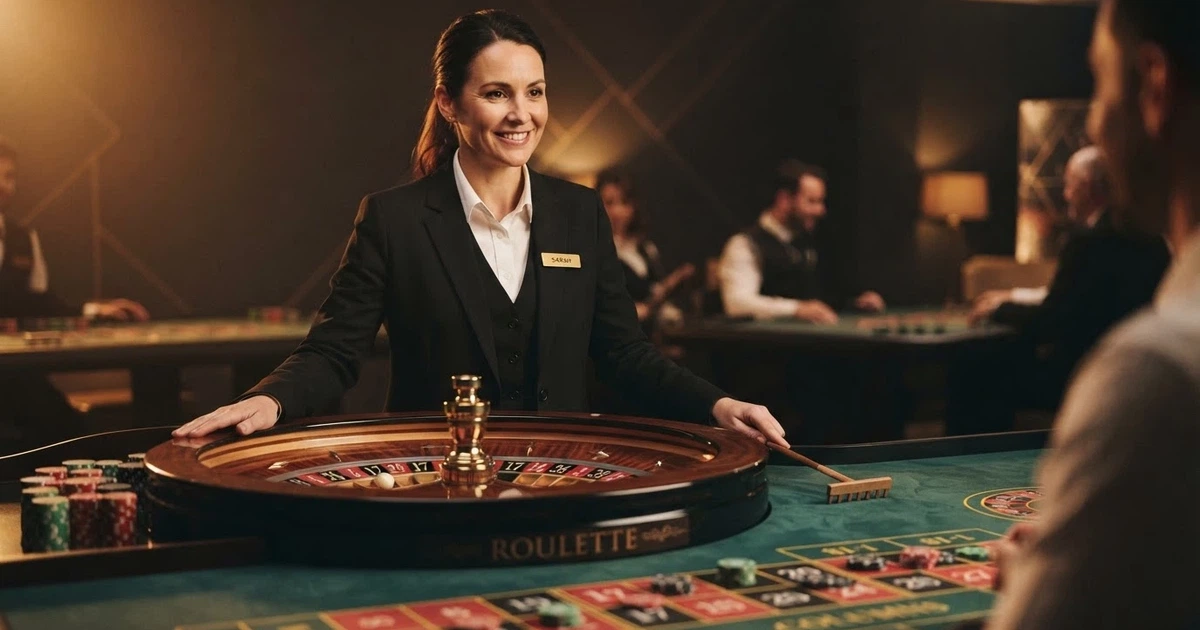 Croupier italiano sorridente dietro una ruota della roulette in uno studio professionale illuminato